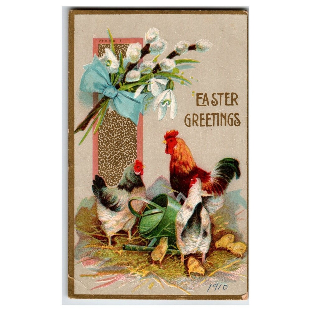 1910 Easter Greetings Postcard Chicks Rooster Willows Malden Mass Posted